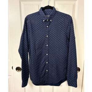 Zara Man Slim Fit Navy Arrow Print Long Sleeve Collar Button Down Size M Cotton
